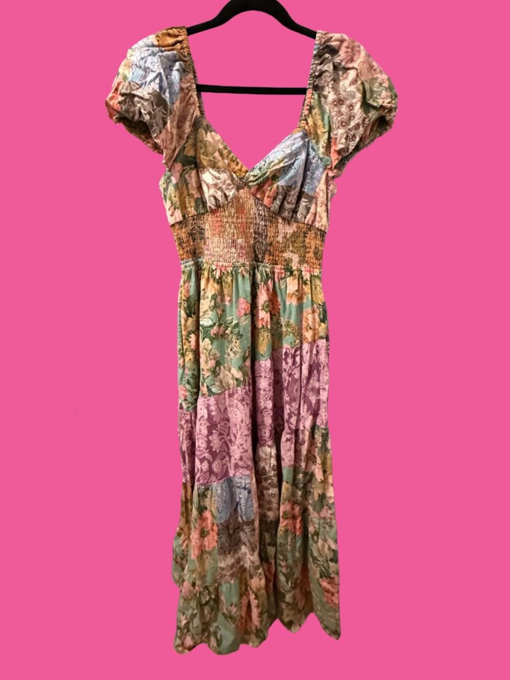 Kachel Sweetheart Puff Sleeve Midi Dress | Pink Combo | Size Large